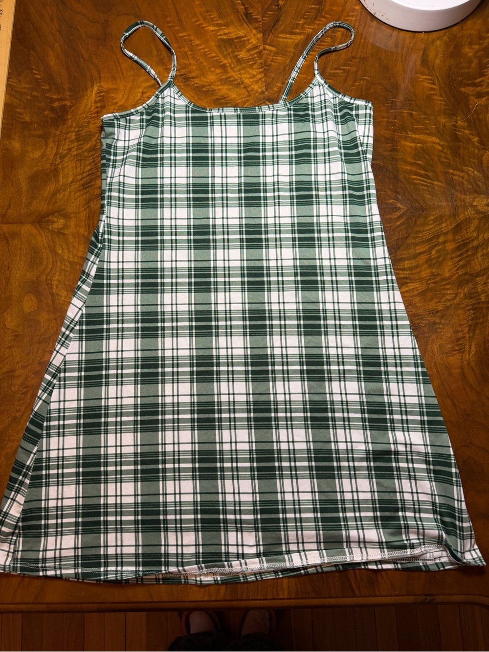 L Green White Plaid Spaghetti Strap Mini Dress | A-Line | Preppy Summer Dress